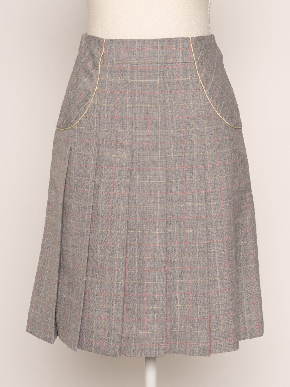 Gray Pink Plaid Pleated Wool Blend Midi Skirt XS Academia Preppy Gossip Girl - Picture 1 of 13